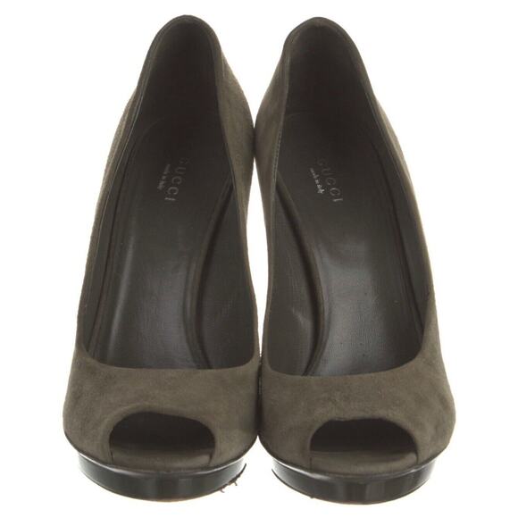 Authentic GUCCI Olive Green Suede Bamboo Stiletto Peep Toe Heel Shoe Size 39 EUC - Picture 4 of 16